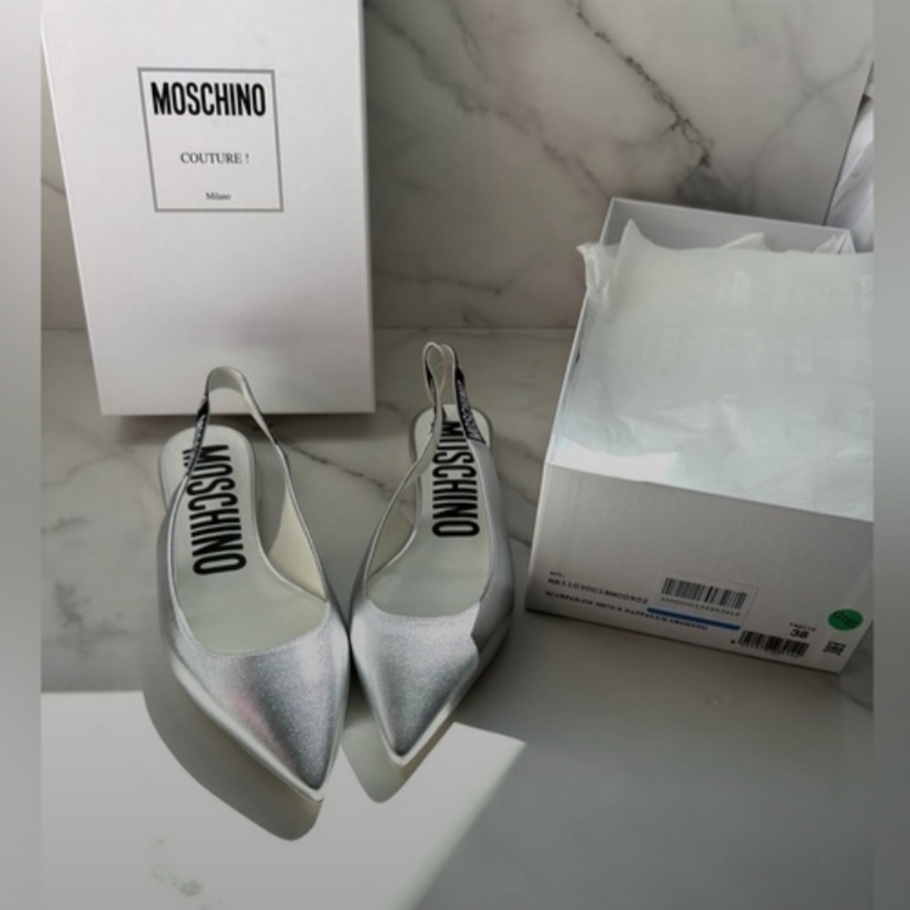 NEW Moschino Silver Slingback Monogram Strap Flats size 38 AUTHENTIC